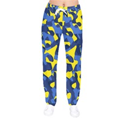 Blue And Yellow Camouflage Pattern Women Velvet Drawstring Pants by SpinnyChairDesigns