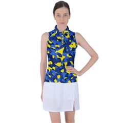 Blue And Yellow Camouflage Pattern Women s Sleeveless Polo Tee by SpinnyChairDesigns