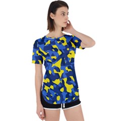 Blue And Yellow Camouflage Pattern Perpetual Short Sleeve T-shirt by SpinnyChairDesigns