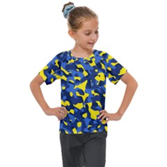 Blue And Yellow Camouflage Pattern Kids  Mesh Piece Tee