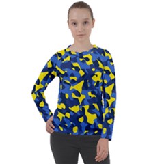 Blue And Yellow Camouflage Pattern Women s Long Sleeve Raglan Tee