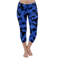 Black And Blue Camouflage Pattern Capri Winter Leggings  by SpinnyChairDesigns