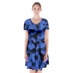 Black And Blue Camouflage Pattern Short Sleeve V-neck Flare Dress by SpinnyChairDesigns