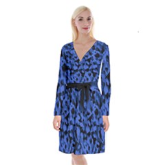 Black And Blue Camouflage Pattern Long Sleeve Velvet Front Wrap Dress by SpinnyChairDesigns