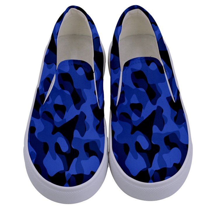 Black and Blue Camouflage Pattern Kids  Canvas Slip Ons