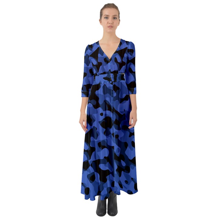 Black and Blue Camouflage Pattern Button Up Boho Maxi Dress