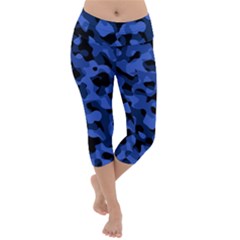 Black And Blue Camouflage Pattern Lightweight Velour Capri Yoga Leggings by SpinnyChairDesigns