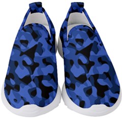 Black And Blue Camouflage Pattern Kids  Slip On Sneakers by SpinnyChairDesigns