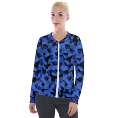 Black And Blue Camouflage Pattern Velour Zip Up Jacket by SpinnyChairDesigns