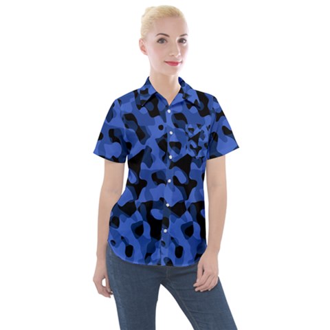 Black And Blue Camouflage Pattern Women s Short Sleeve Pocket Shirt by SpinnyChairDesigns