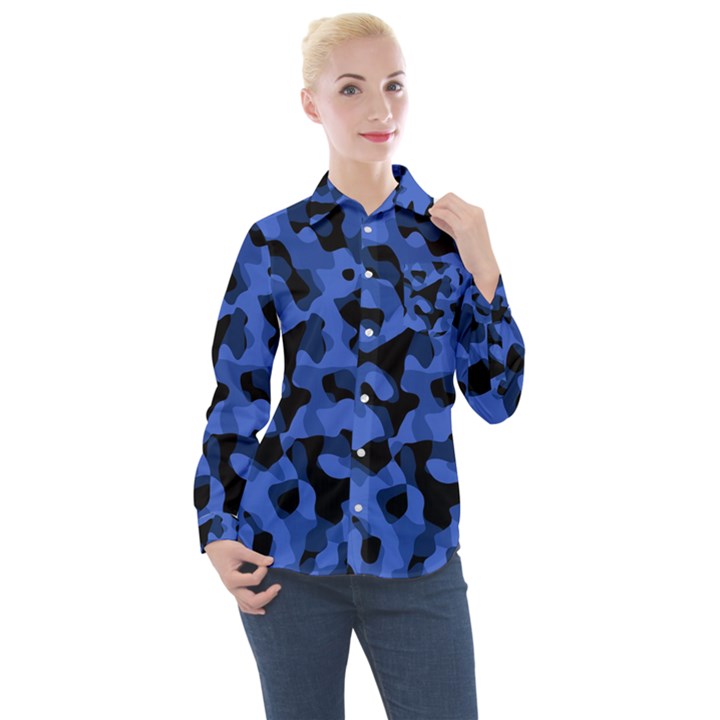 Black and Blue Camouflage Pattern Women s Long Sleeve Pocket Shirt