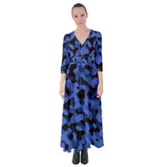 Black And Blue Camouflage Pattern Button Up Maxi Dress by SpinnyChairDesigns