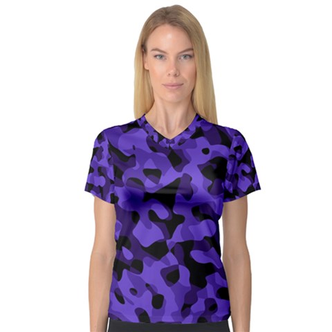 Purple Black Camouflage Pattern V-neck Sport Mesh Tee by SpinnyChairDesigns