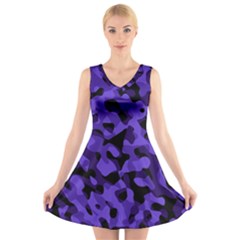 Purple Black Camouflage Pattern V-neck Sleeveless Dress by SpinnyChairDesigns