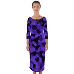 Purple Black Camouflage Pattern Quarter Sleeve Midi Bodycon Dress by SpinnyChairDesigns