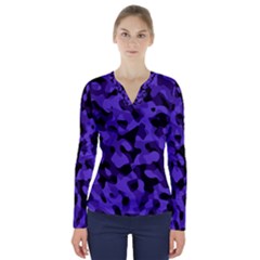 Purple Black Camouflage Pattern V-neck Long Sleeve Top by SpinnyChairDesigns