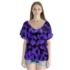 Purple Black Camouflage Pattern V-neck Flutter Sleeve Top by SpinnyChairDesigns