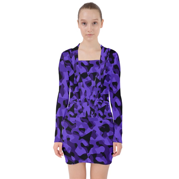 Purple Black Camouflage Pattern V-neck Bodycon Long Sleeve Dress