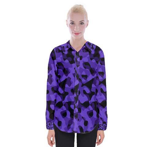 Purple Black Camouflage Pattern Womens Long Sleeve Shirt by SpinnyChairDesigns