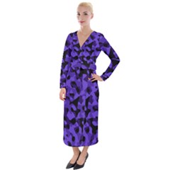 Purple Black Camouflage Pattern Velvet Maxi Wrap Dress by SpinnyChairDesigns