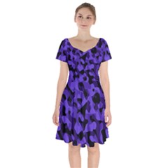 Purple Black Camouflage Pattern Short Sleeve Bardot Dress by SpinnyChairDesigns