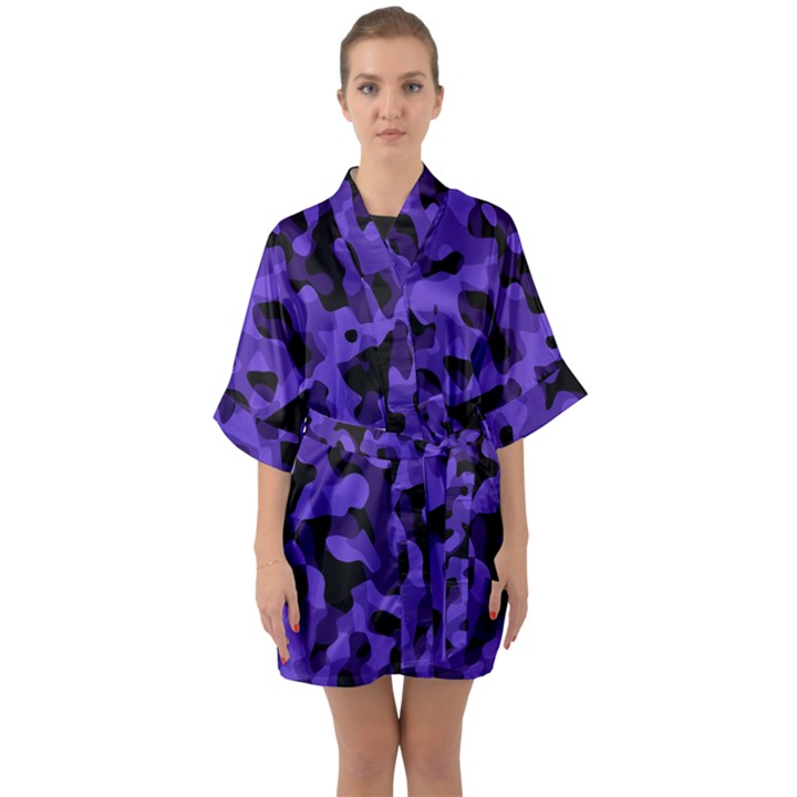 Purple Black Camouflage Pattern Half Sleeve Satin Kimono 