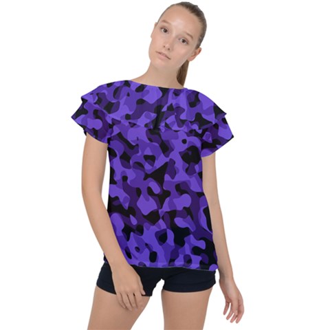 Purple Black Camouflage Pattern Ruffle Collar Chiffon Blouse by SpinnyChairDesigns