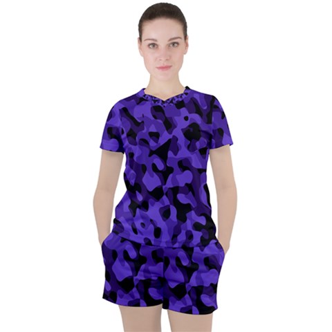 Purple Black Camouflage Pattern Women s Tee And Shorts Set by SpinnyChairDesigns