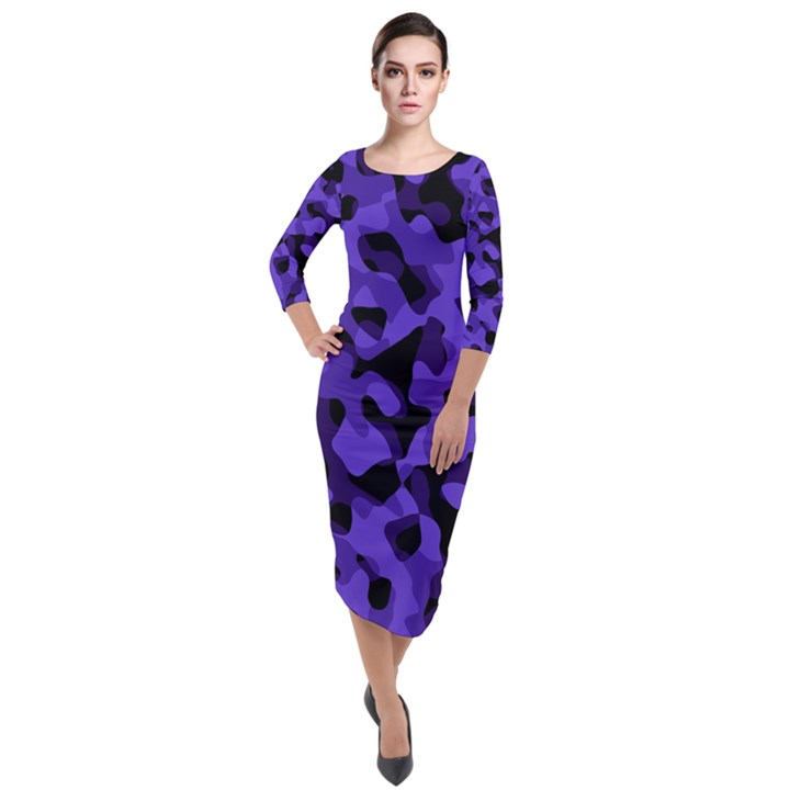 Purple Black Camouflage Pattern Quarter Sleeve Midi Velour Bodycon Dress