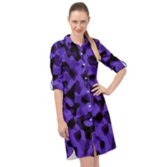 Purple Black Camouflage Pattern Long Sleeve Mini Shirt Dress by SpinnyChairDesigns