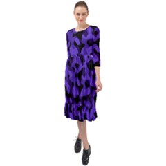 Purple Black Camouflage Pattern Ruffle End Midi Chiffon Dress by SpinnyChairDesigns