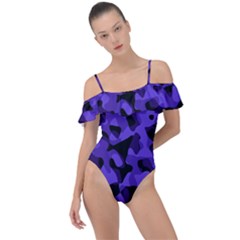 Purple Black Camouflage Pattern Frill Detail One Piece Swimsuit by SpinnyChairDesigns