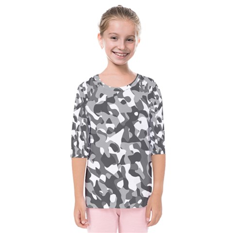 Grey And White Camouflage Pattern Kids  Quarter Sleeve Raglan Tee by SpinnyChairDesigns