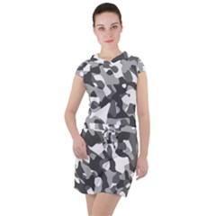 Grey And White Camouflage Pattern Drawstring Hooded Dress by SpinnyChairDesigns