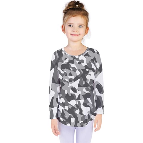 Grey And White Camouflage Pattern Kids  Long Sleeve Tee by SpinnyChairDesigns