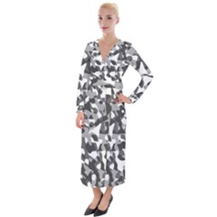 Grey And White Camouflage Pattern Velvet Maxi Wrap Dress by SpinnyChairDesigns