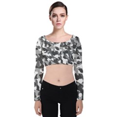 Grey And White Camouflage Pattern Velvet Long Sleeve Crop Top by SpinnyChairDesigns