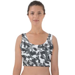 Grey And White Camouflage Pattern Velvet Crop Top by SpinnyChairDesigns