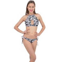 Grey And White Camouflage Pattern Cross Front Halter Bikini Set by SpinnyChairDesigns