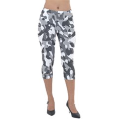 Grey And White Camouflage Pattern Lightweight Velour Capri Leggings  by SpinnyChairDesigns