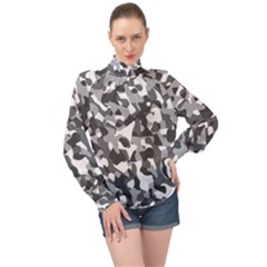 Grey And White Camouflage Pattern High Neck Long Sleeve Chiffon Top by SpinnyChairDesigns