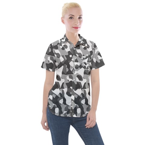 Grey And White Camouflage Pattern Women s Short Sleeve Pocket Shirt by SpinnyChairDesigns