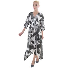 Grey And White Camouflage Pattern Quarter Sleeve Wrap Front Maxi Dress by SpinnyChairDesigns