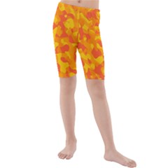 Orange And Yellow Camouflage Pattern Kids  Mid Length Swim Shorts by SpinnyChairDesigns