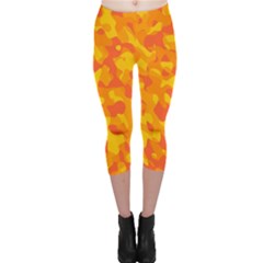 Orange And Yellow Camouflage Pattern Capri Leggings  by SpinnyChairDesigns