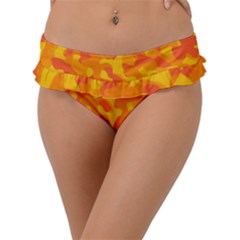 Orange And Yellow Camouflage Pattern Frill Bikini Bottom by SpinnyChairDesigns