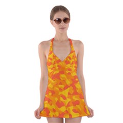 Orange And Yellow Camouflage Pattern Halter Dress Swimsuit  by SpinnyChairDesigns