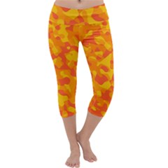 Orange And Yellow Camouflage Pattern Capri Yoga Leggings by SpinnyChairDesigns