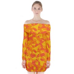 Orange And Yellow Camouflage Pattern Long Sleeve Off Shoulder Dress by SpinnyChairDesigns