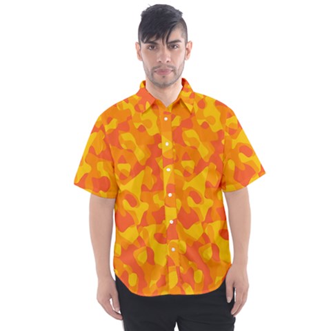 Orange And Yellow Camouflage Pattern Men s Short Sleeve Shirt by SpinnyChairDesigns